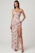 Oh Polly's Anna wearing the Hera Maxi Dress in Primose Floral Print Chiffon fabric perfect for summer garden parties