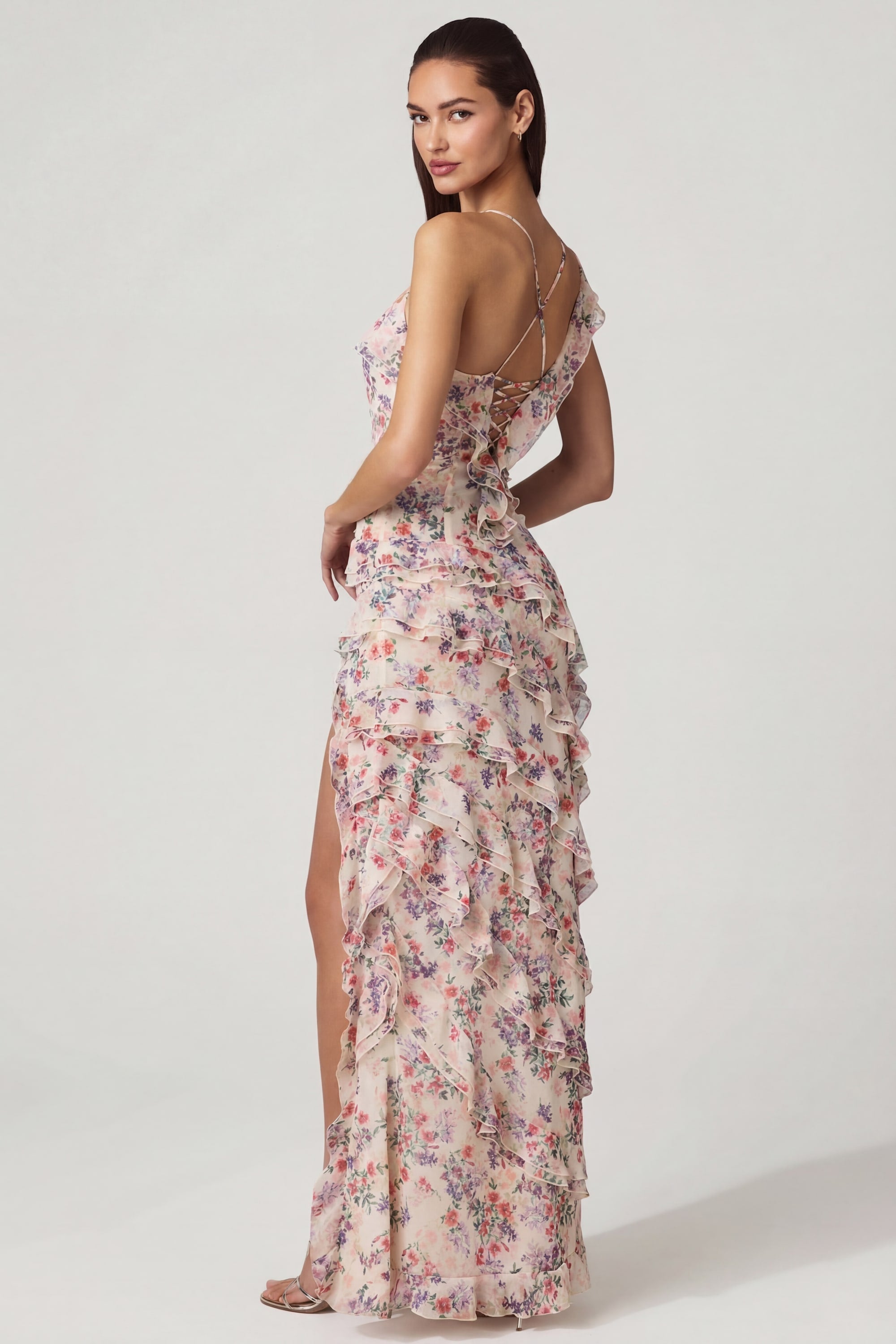 Oh Polly's Anna wearing the Hera Maxi Dress in Primose Floral Print Chiffon fabric perfect for spring weddings