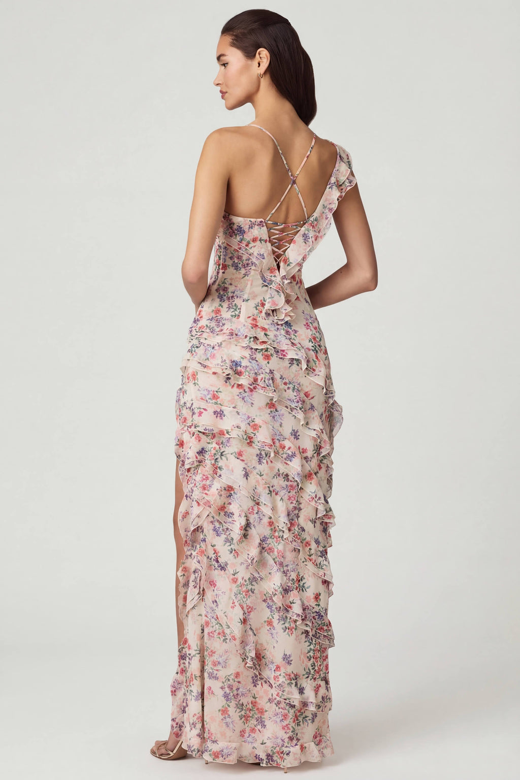 Oh Polly's Anna wearing the Hera Maxi Dress in Primose Floral Print Chiffon fabric perfect for summer garden parties
