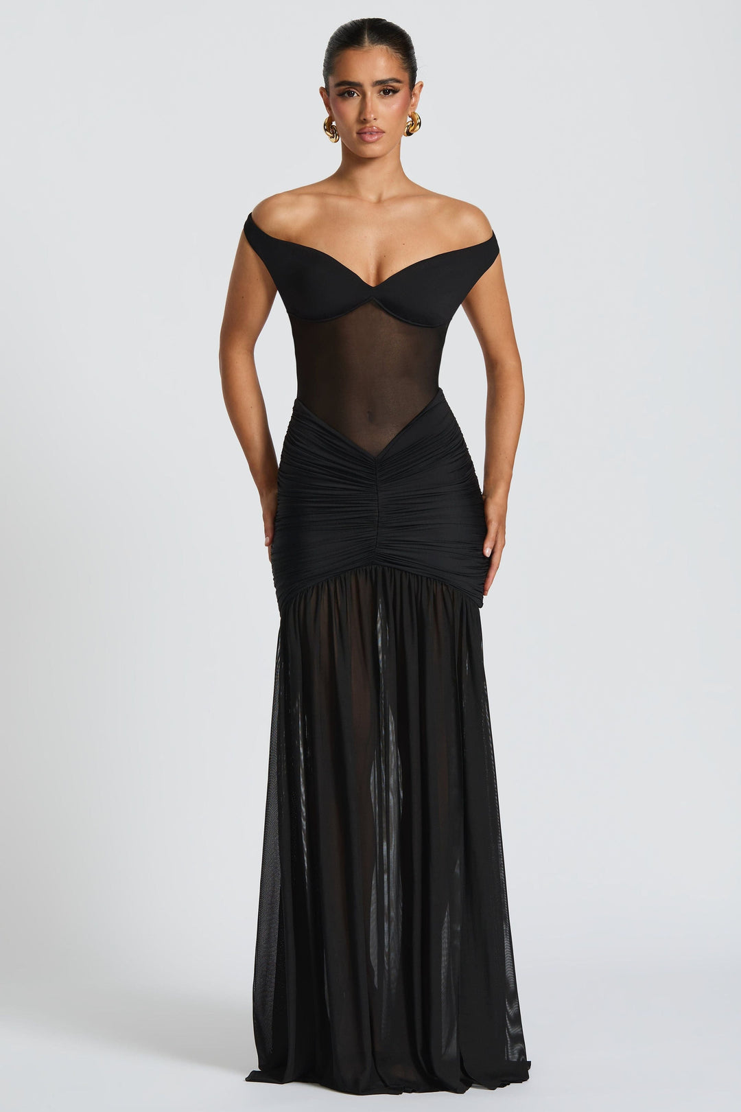 Black off-shoulder ruched mesh maxi dress with sheer bodice
