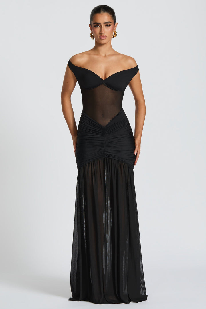 Black off-shoulder ruched mesh maxi dress with sheer bodice