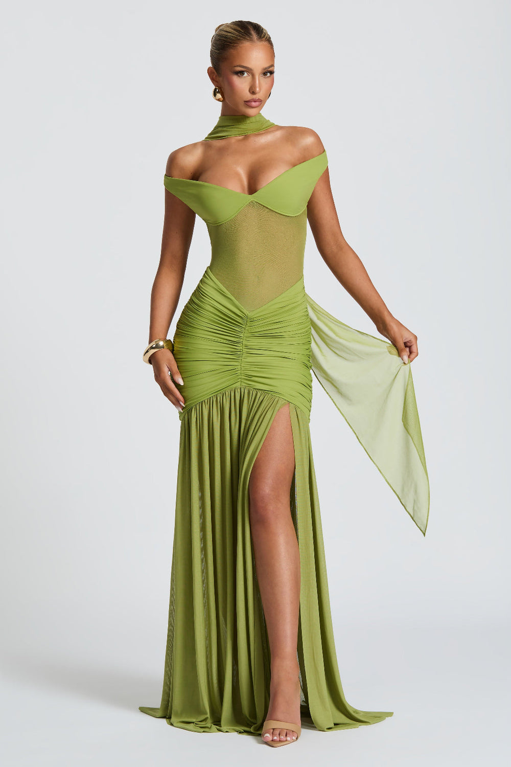Off-shoulder ruched maxi dress in lime with mesh bodice