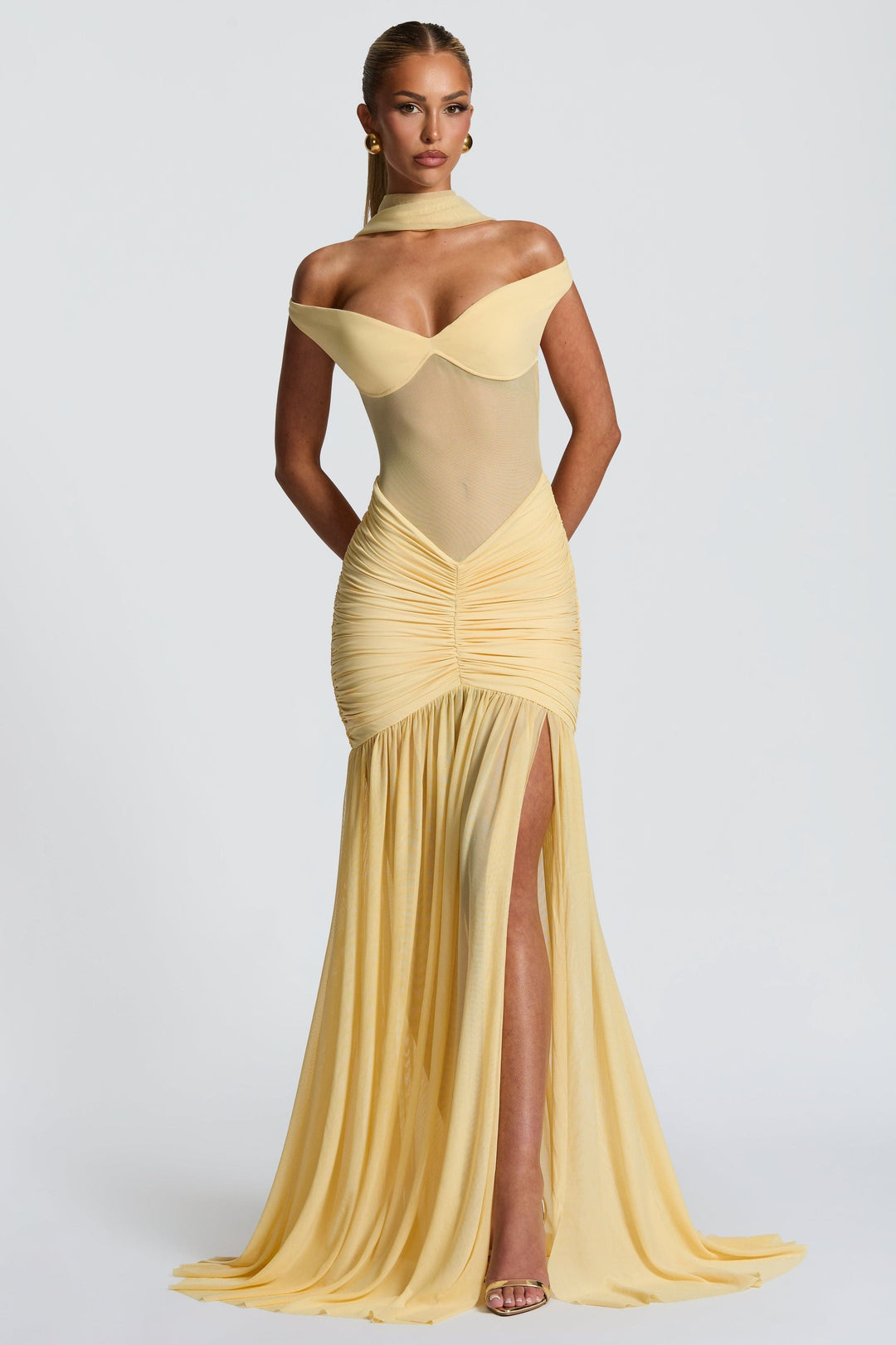 Pale yellow off-shoulder ruched mesh maxi dress