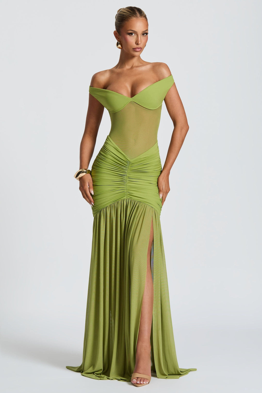 Lime green off-shoulder ruched mesh maxi dress with slit