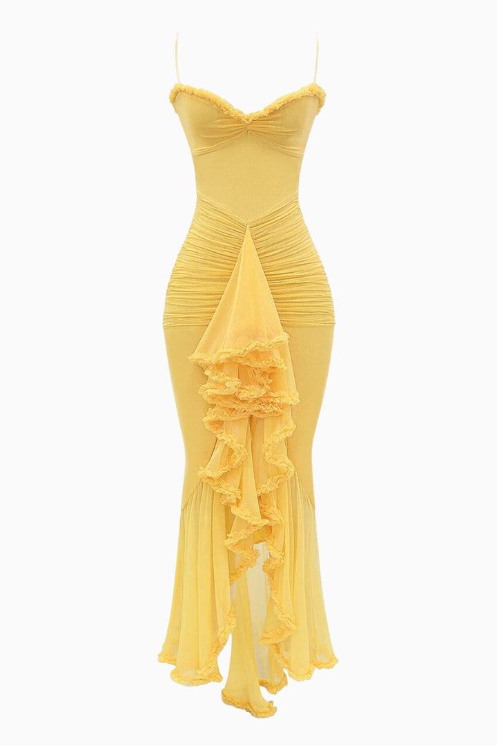 Front flat lay of yellow ruffled maxi dress showing full silhouette