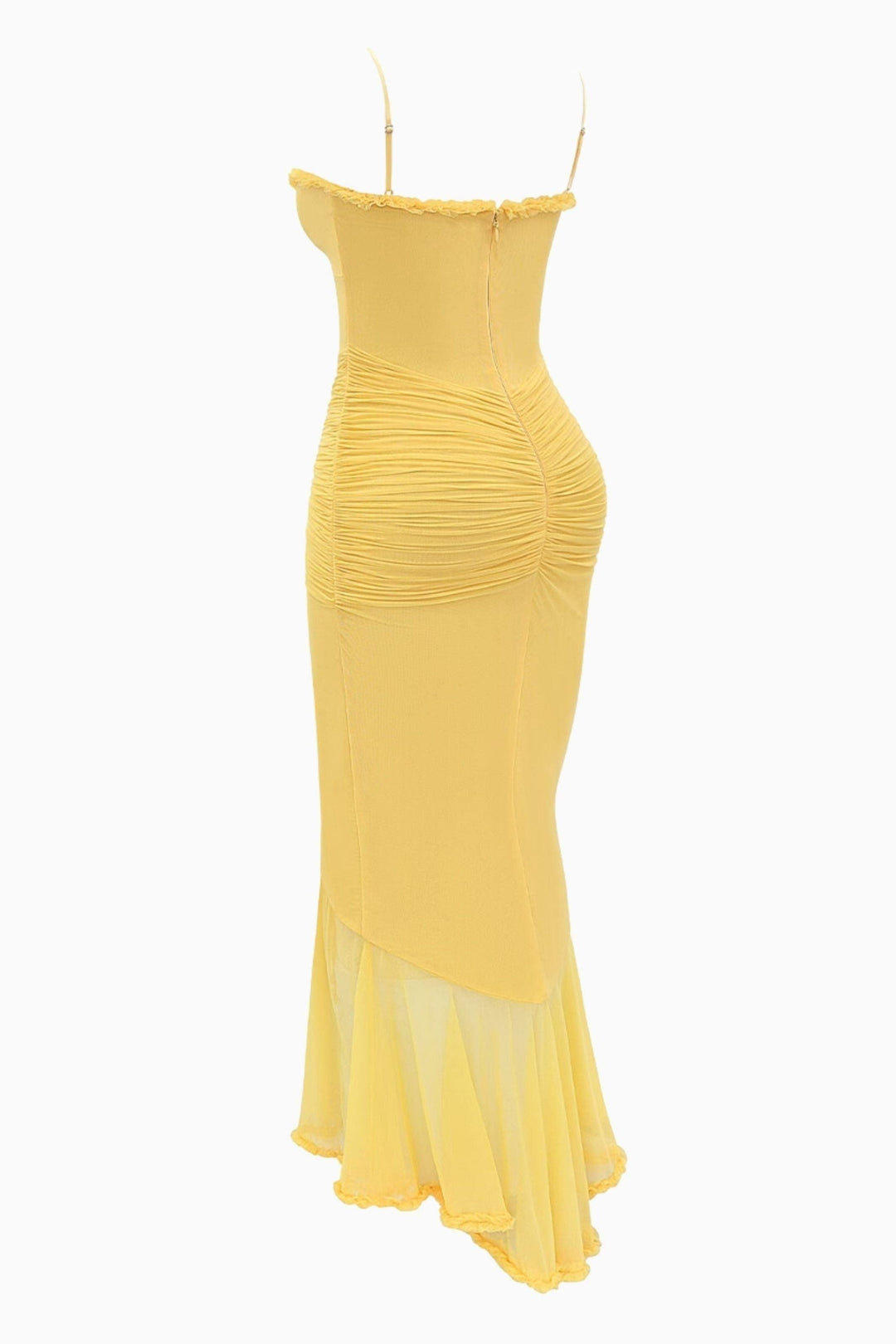 Back flat lay of yellow maxi dress with ruffled trim and spaghetti straps