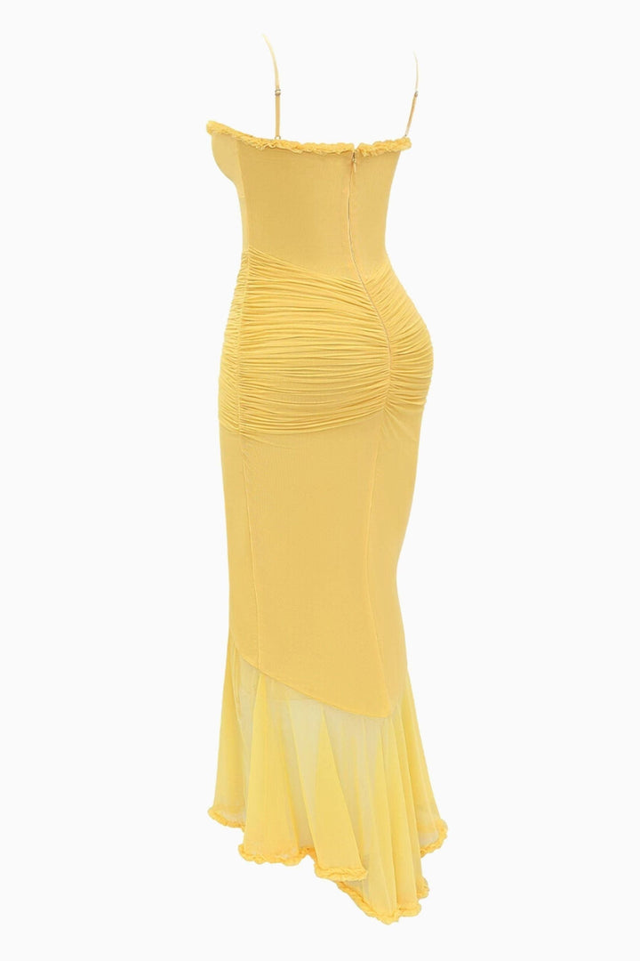 Back flat lay of yellow maxi dress with ruffled trim and spaghetti straps
