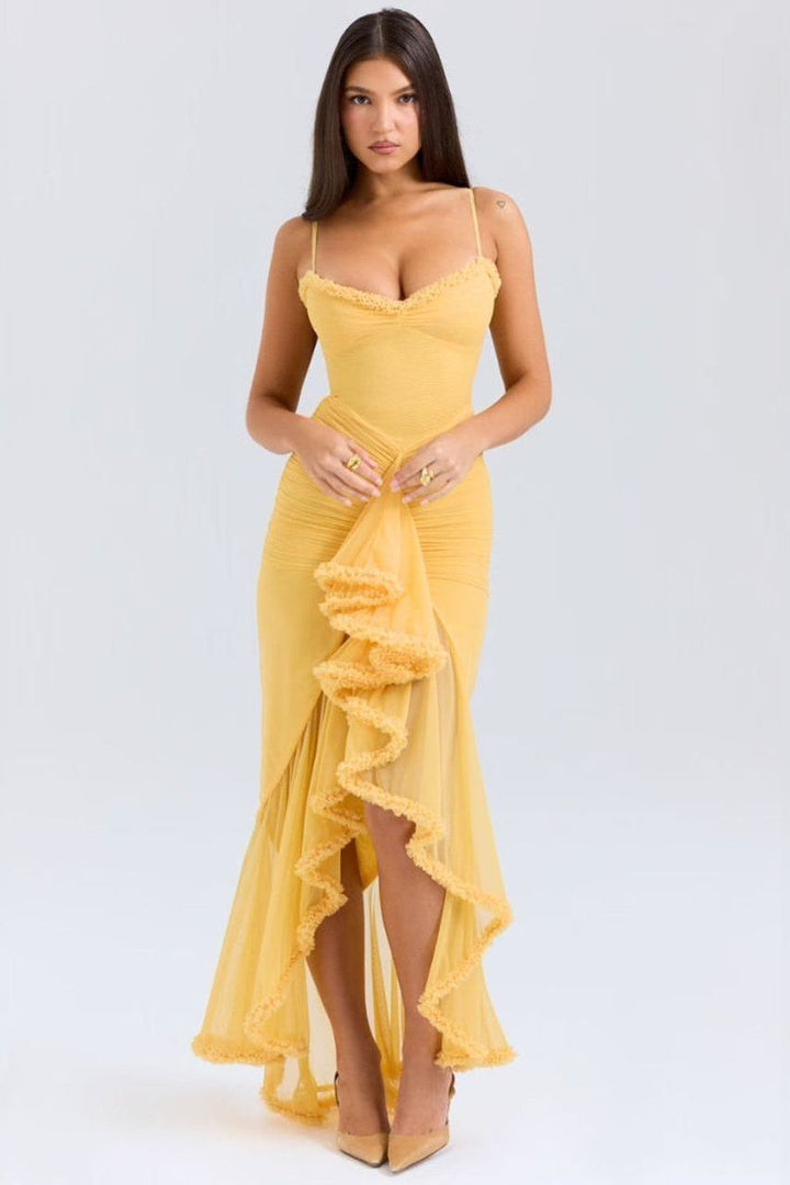 Yellow ruffled spaghetti strap maxi dress with draped asymmetrical hem