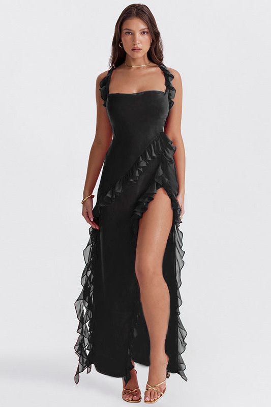 Black ruffled square neck maxi dress with asymmetrical slit front view