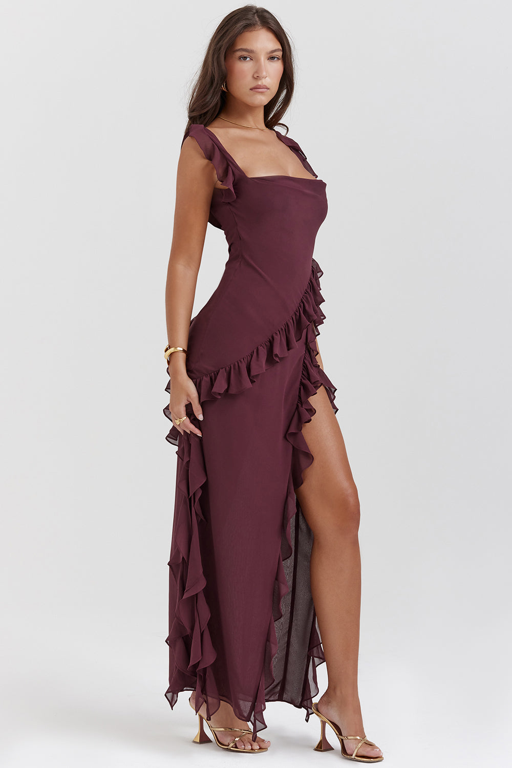 Burgundy square neck maxi dress with cascading ruffles and high slit side view