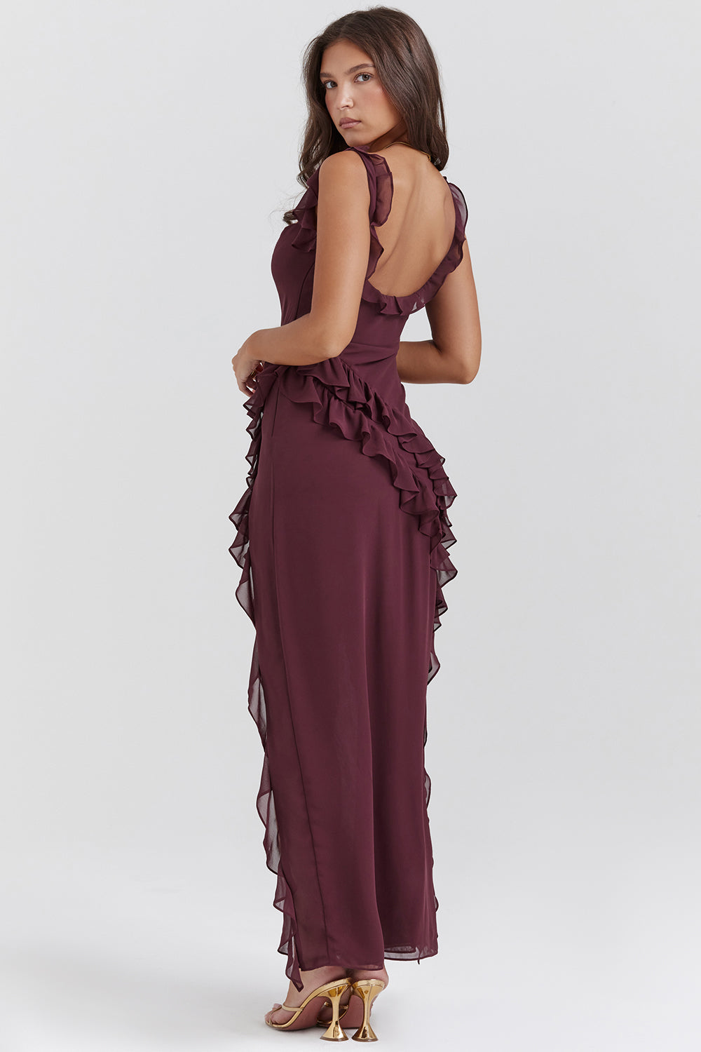 Burgundy square neck maxi dress back view showing open back and ruffled slit