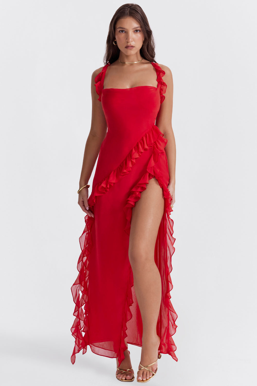 Red ruffled square neck maxi dress with side slit front view