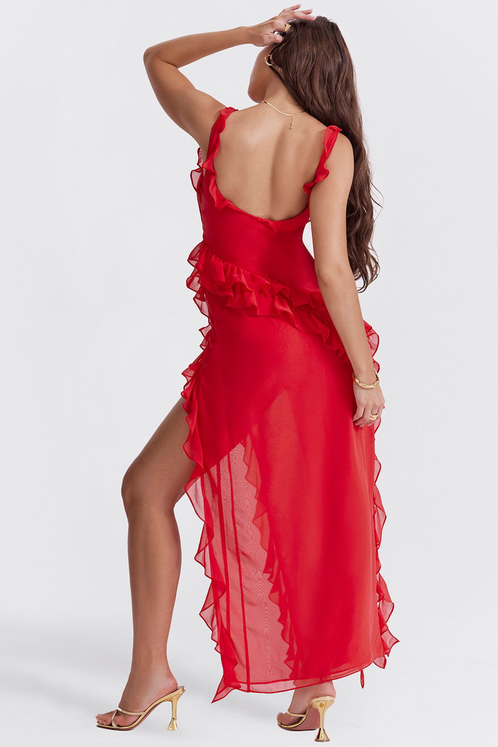 Red square neck maxi dress with cascading ruffles and high slit back view