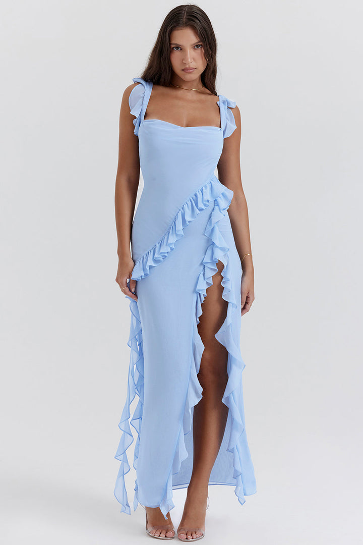 Light blue ruffled square neck maxi dress with side slit front view