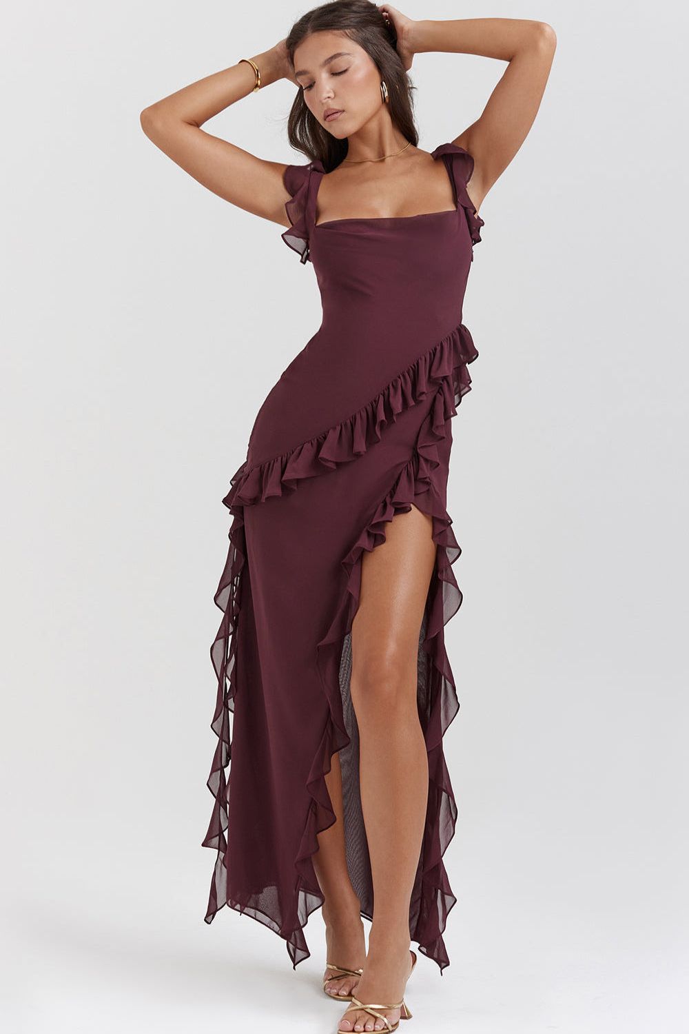 Burgundy ruffled square neck maxi dress with side slit front view