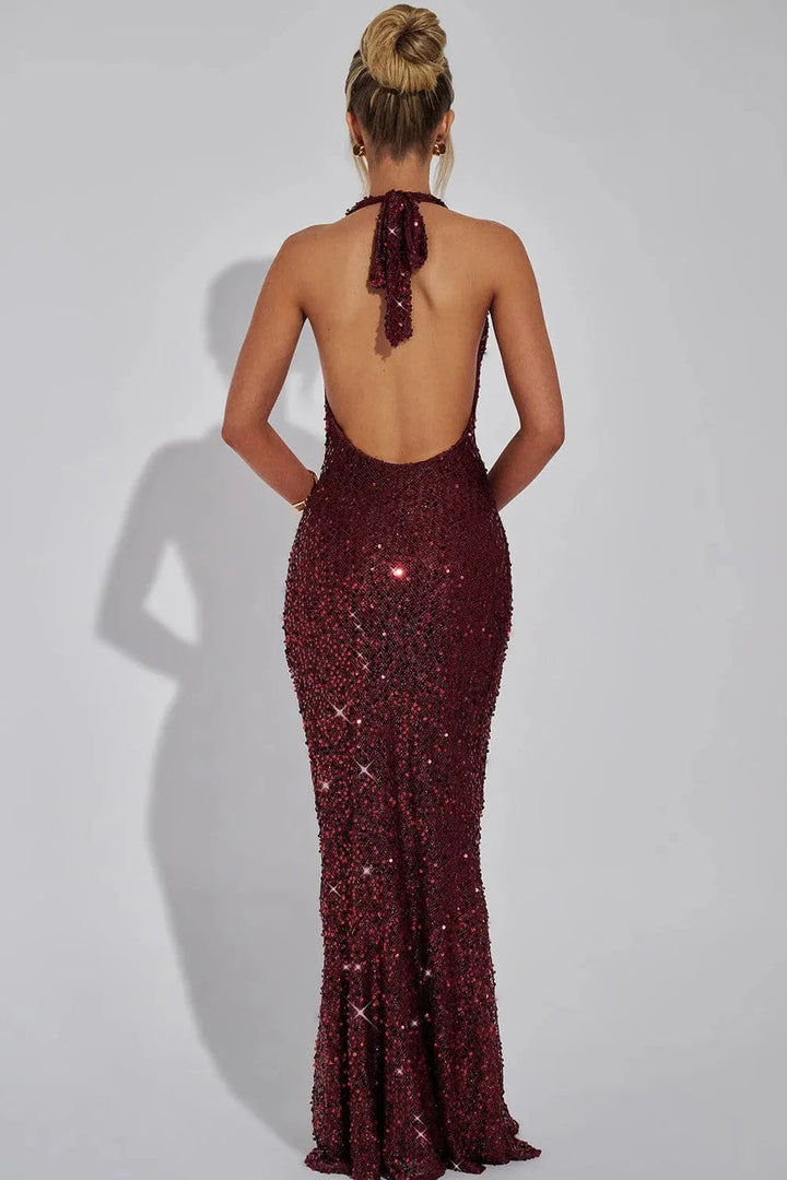 Burgundy sequin halter maxi dress back view with tie-back closure