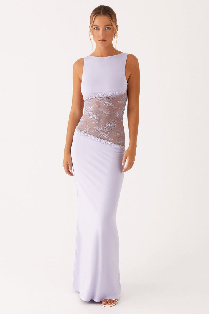Lavender sleeveless maxi dress with white lace waist panel and trim