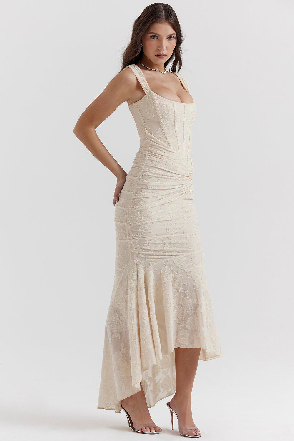 Cream square neckline maxi dress with ruched waist and asymmetrical hem