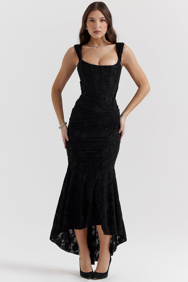 Black square neck ruched maxi dress with textured fabric and high-low hem