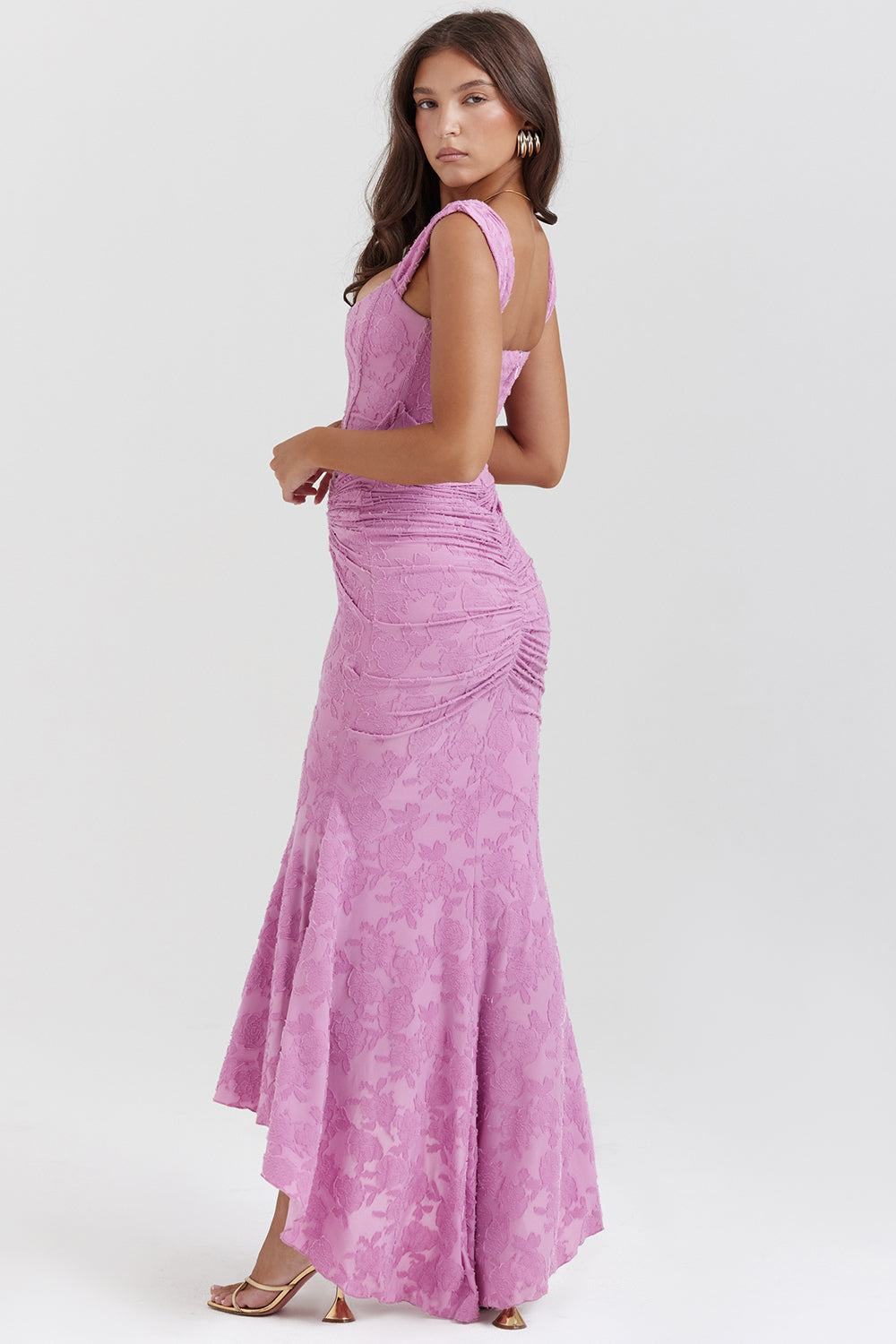 Back view of pink square neck maxi dress with ruching