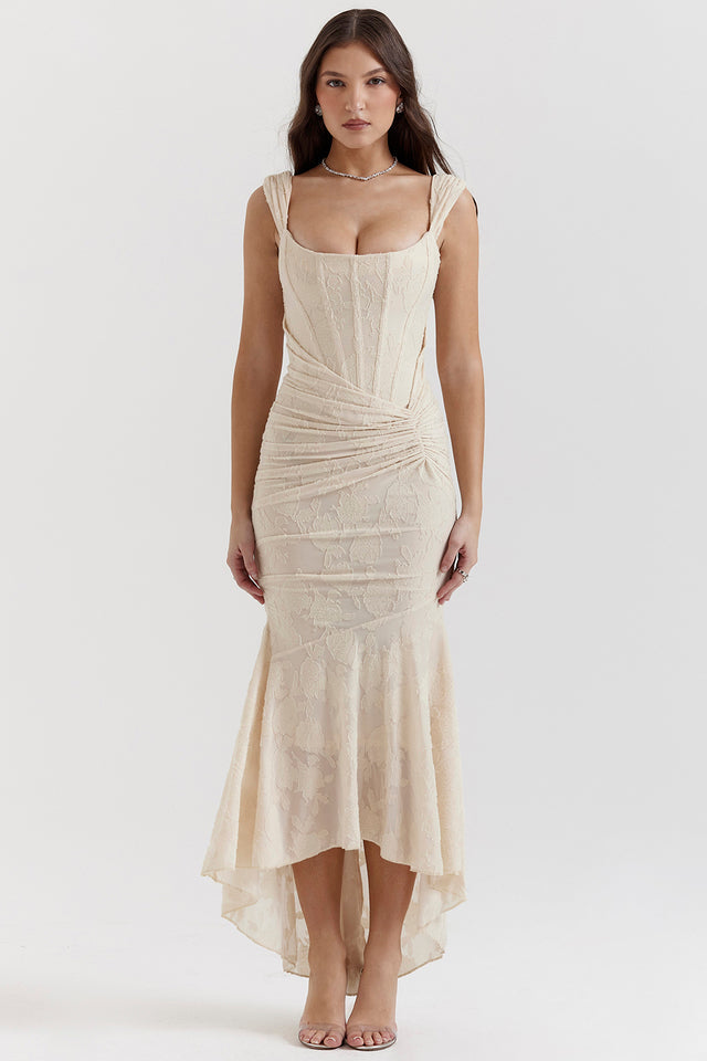 Cream textured maxi dress with square neckline and ruched bodice