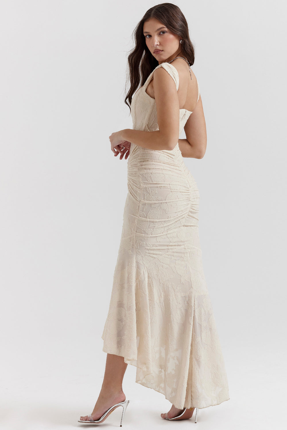 Back view of cream square neck maxi dress with ruching