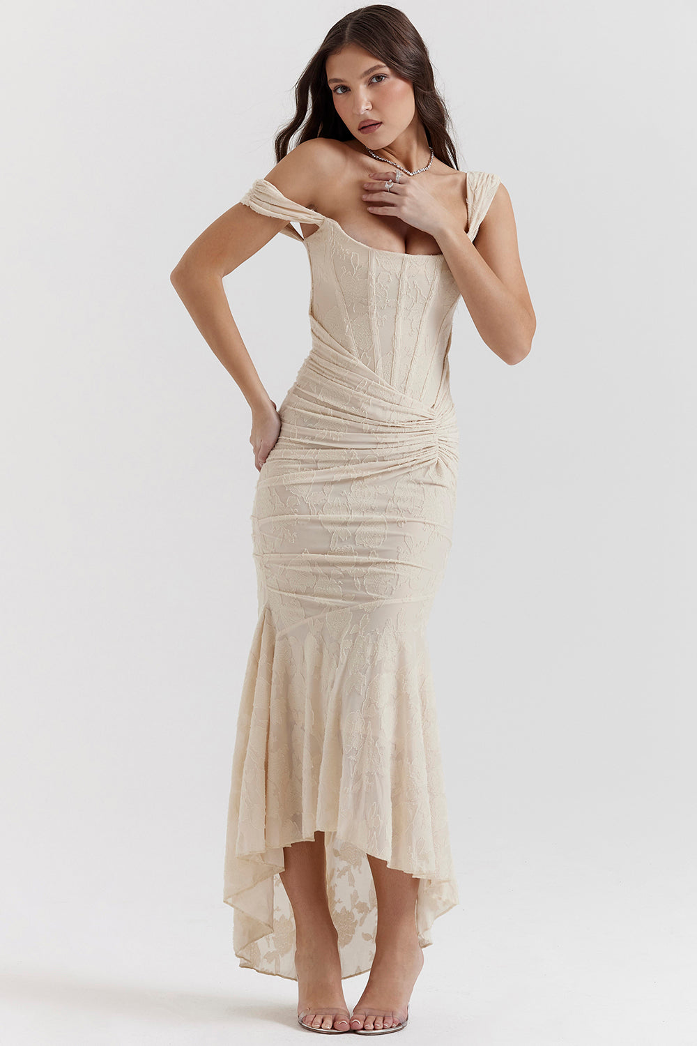 Cream ruched maxi dress with square neckline and asymmetrical hem