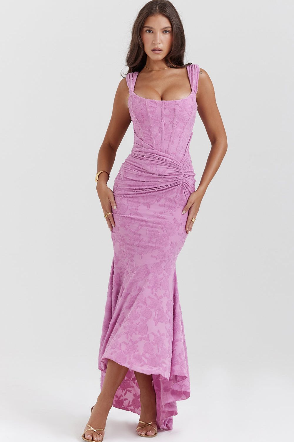Pink textured maxi dress with square neckline and ruched waist detail