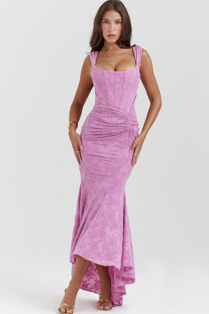 Pink textured maxi dress with square neckline and ruched waist detail