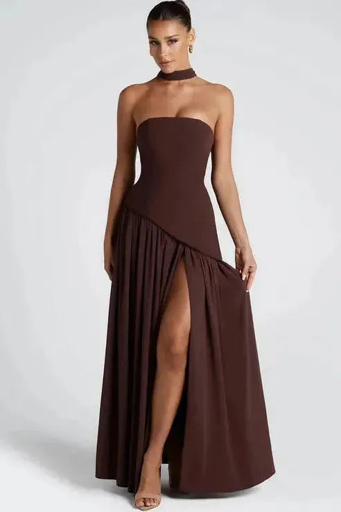 Burgundy strapless maxi dress with asymmetrical high slit and choker detail