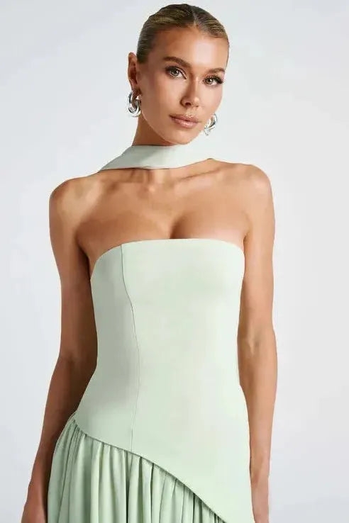 Pale green strapless maxi dress with choker neckline and asymmetrical high slit