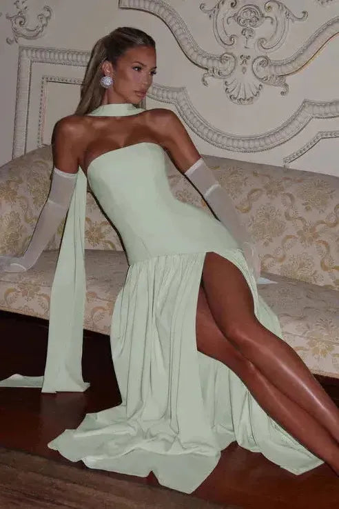Cream strapless maxi dress with draped sleeves and high leg slit detail