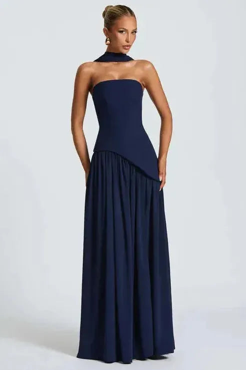 Navy blue strapless maxi dress with choker detail and high slit skirt