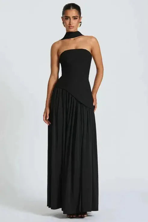 Black strapless maxi dress with asymmetrical high slit and draped neckline detail