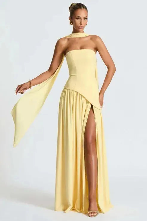 Yellow strapless maxi dress with choker collar and flowing high slit detail