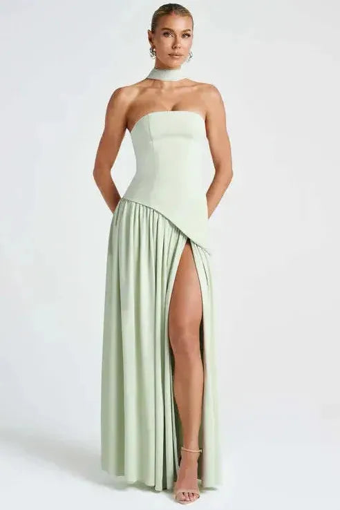 Cream strapless high slit maxi dress with wrapped bodice and pleated skirt