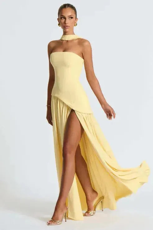 Yellow strapless high slit maxi dress with choker neckline and flowing train