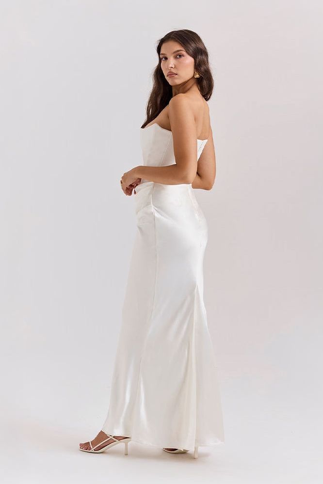 Back view cream strapless mermaid dress with open back
