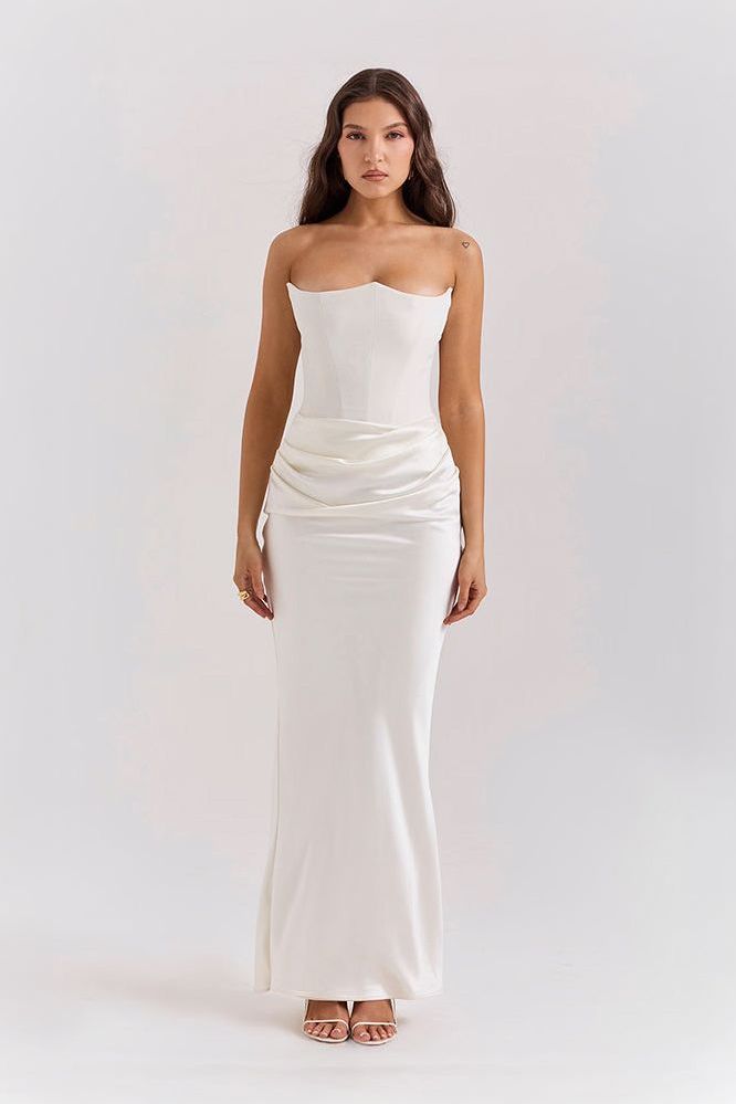 Cream strapless ruched mermaid maxi dress with fitted bodice