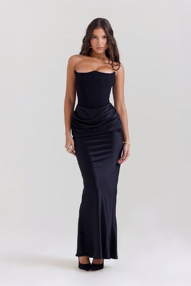 Black strapless ruched mermaid maxi dress full length