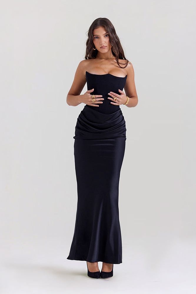 Black strapless mermaid dress with waist ruching detail