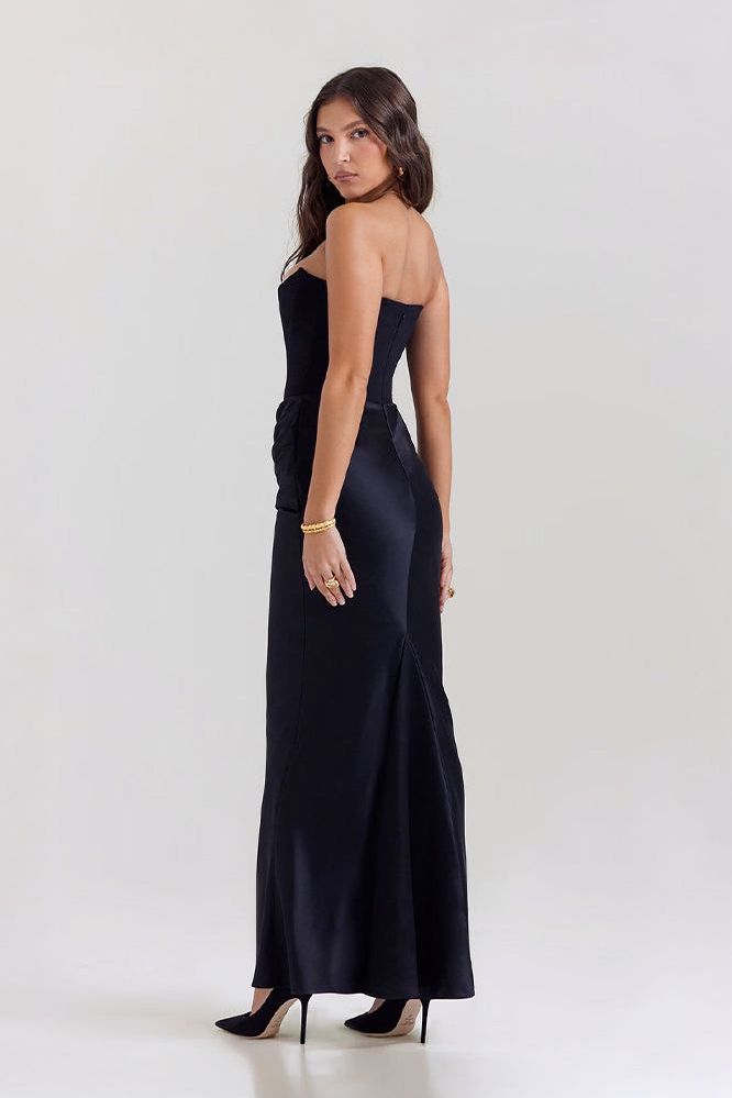 Back view black strapless ruched mermaid maxi dress