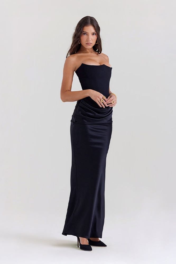 Side view black strapless mermaid dress with ruched waist