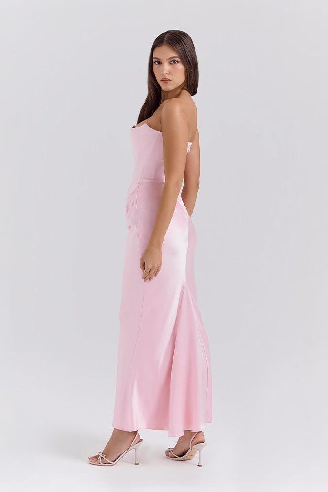 Back view of pink strapless mermaid dress with open back