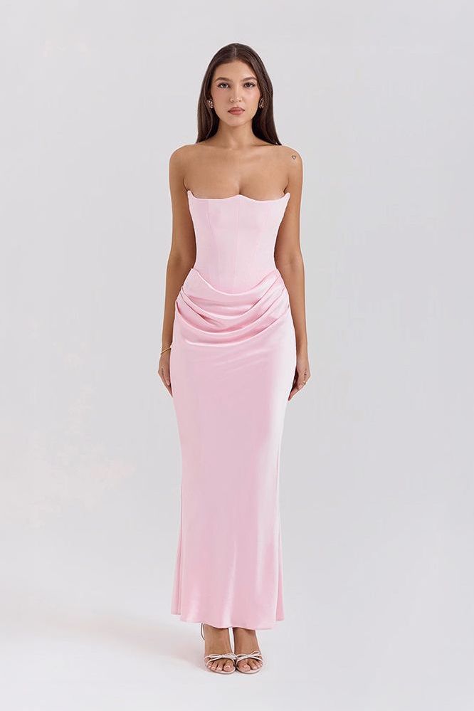 Front view pink strapless ruched mermaid maxi dress