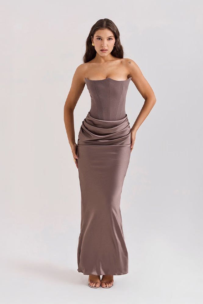 Taupe strapless ruched mermaid maxi dress front view