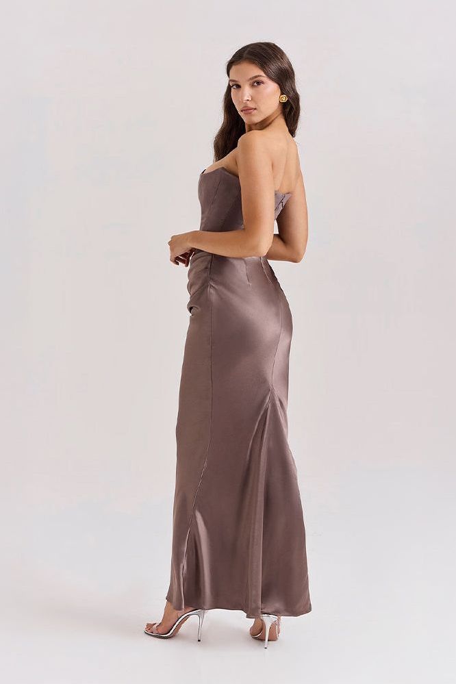 Back view taupe strapless mermaid dress with open back