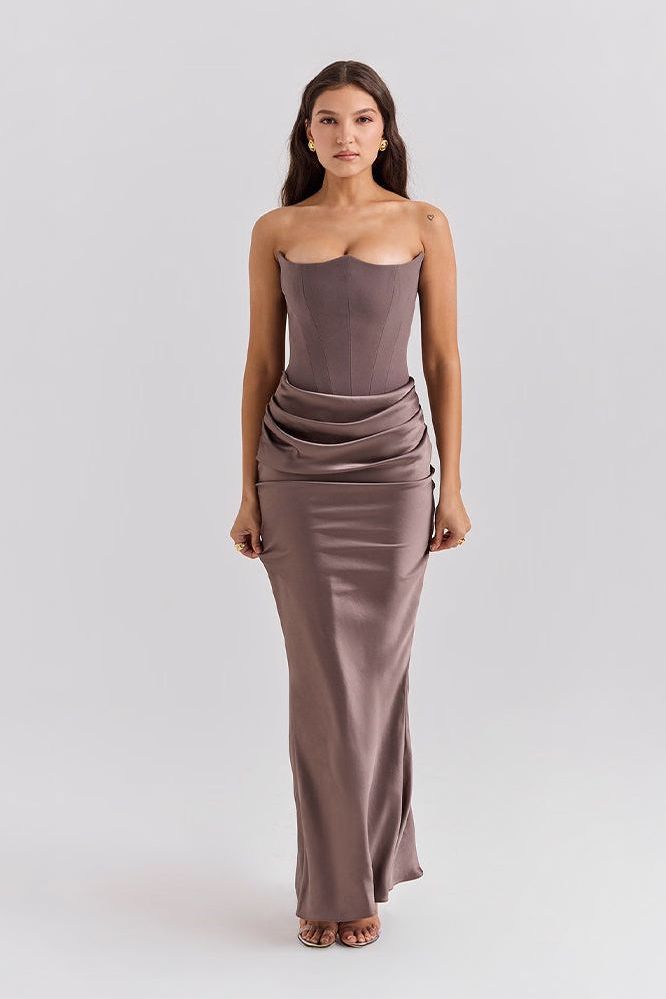 Front taupe strapless ruched mermaid maxi dress fitted
