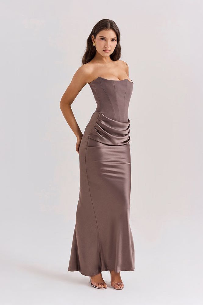 Side angle taupe strapless ruched mermaid dress detail
