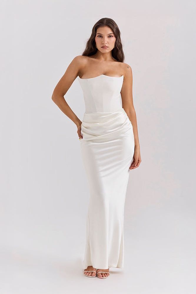 Cream strapless ruched mermaid maxi dress front view
